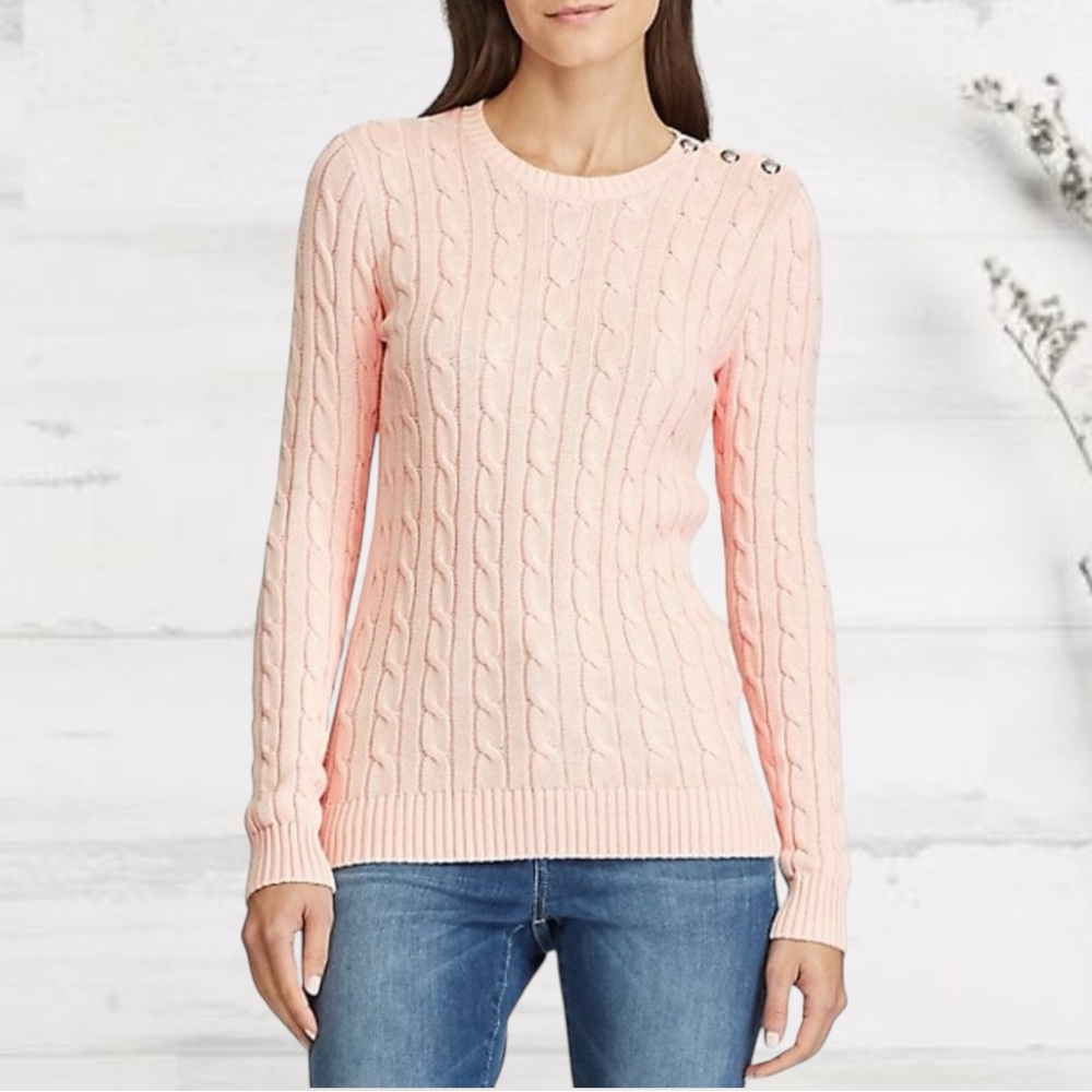 Lauren Ralph Lauren 100% Cotton Cable-Knit Crewneck Sweater Sz. Small Ice Pink